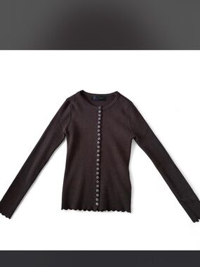 Zara Dark Brown Ribbed Crewneck Button-Front Sweater